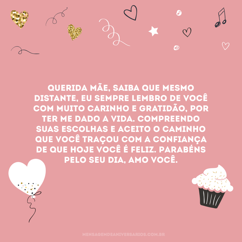 Querida mãe, saiba que mesmo distante, eu sempre lembro de você com muito carinho e gratidão, por ter me dado a vida. Compreendo suas escolhas e aceito o caminho que você traçou com a confiança de que hoje você é feliz. Parabéns pelo seu dia, amo você.