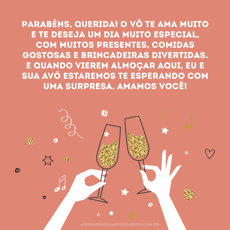 Parabéns, querida! O vô te ama muito e te deseja um dia muito especial, com muitos presentes, comidas gostosas e brincadeiras divertidas. E quando vierem almoçar aqui, eu e sua avó estaremos te esperando com uma surpresa. Amamos você!