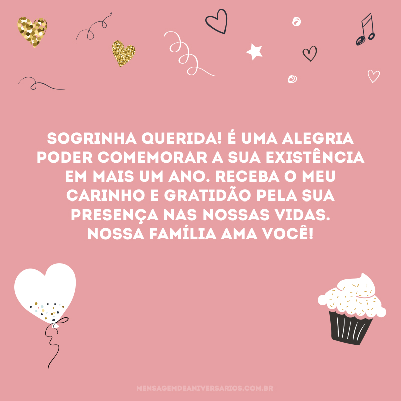 Sogrinha querida! É uma alegria poder comemorar a sua existência em mais um ano. Receba o meu carinho e gratidão pela sua presença nas nossas vidas. Nossa família ama você! 