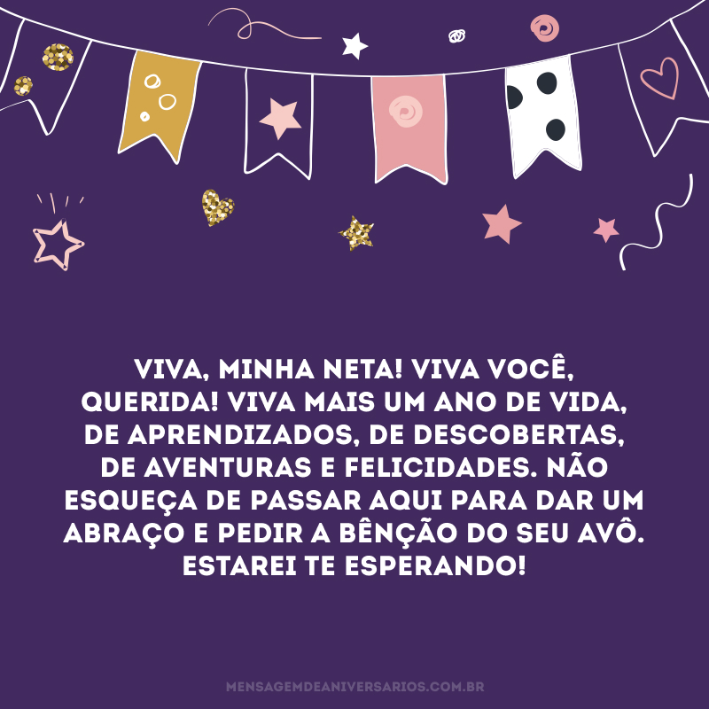 Viva, minha neta! Viva você, querida! Viva mais um ano de vida, de aprendizados, de descobertas, de aventuras e felicidades. Não esqueça de passar aqui para dar um abraço e pedir a bênção do seu avô. Estarei te esperando!