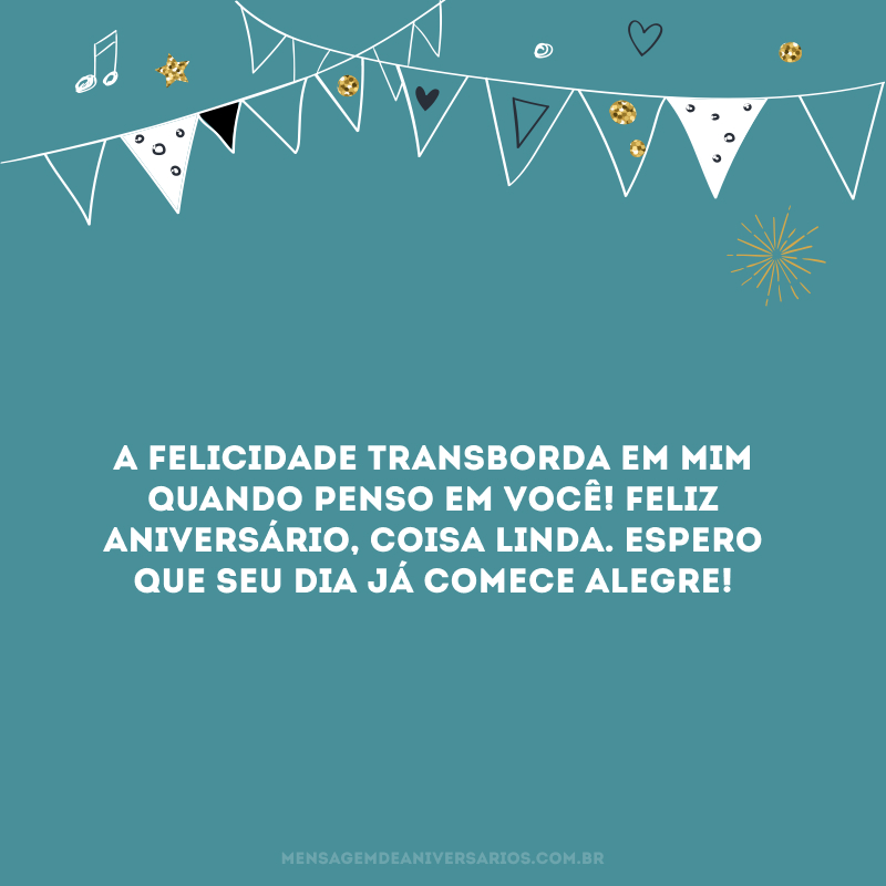 A felicidade transborda em mim quando penso em você! Feliz aniversário, coisa linda. Espero que seu dia já comece alegre!
