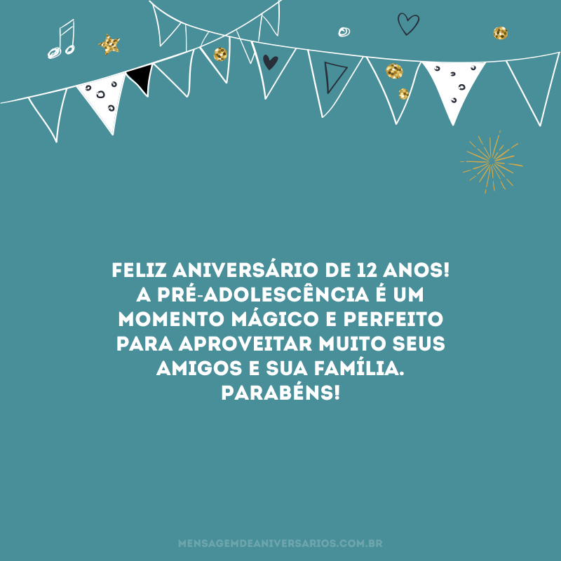 Feliz aniversário de 12 anos! A pré-adolescência é um momento mágico e perfeito para aproveitar muito seus amigos e sua família. Parabéns!
