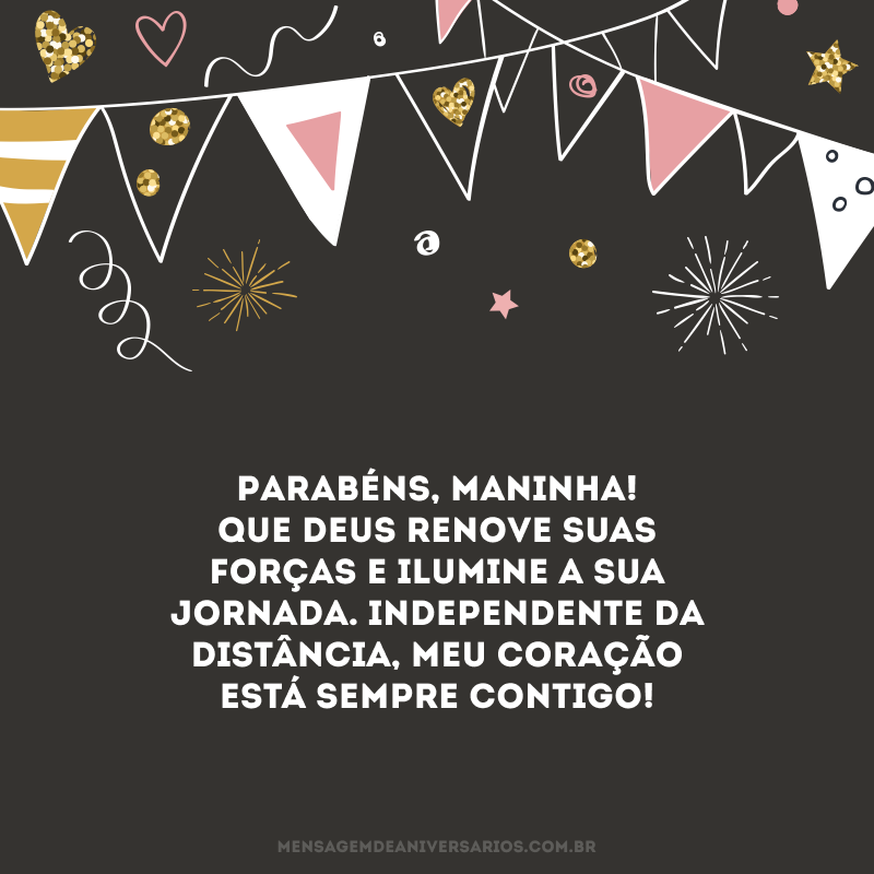 Parabéns, maninha! Que Deus renove suas forças e ilumine a sua jornada. Independente da distância, meu coração está sempre contigo! 