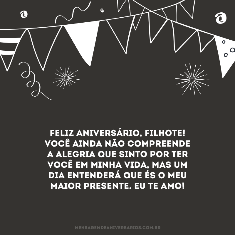Feliz aniversário, filhote! Você ainda não compreende a alegria que sinto por ter você em minha vida, mas um dia entenderá que és o meu maior presente. Eu te amo!